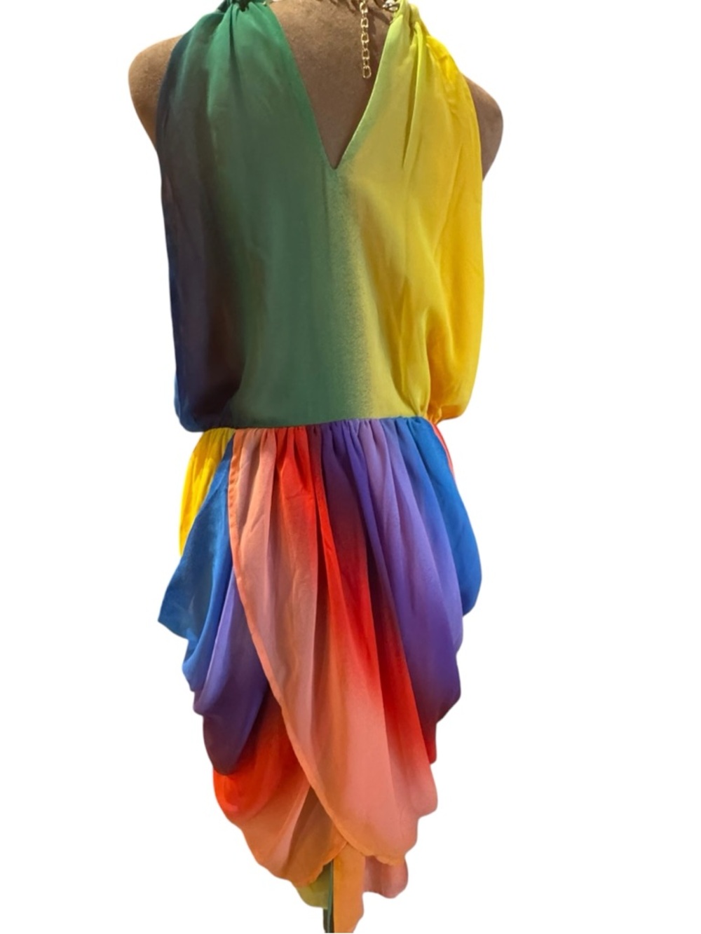 Vibrant Rainbow Halter Dress with Draped Skirt Medium - Picture 3 of 15